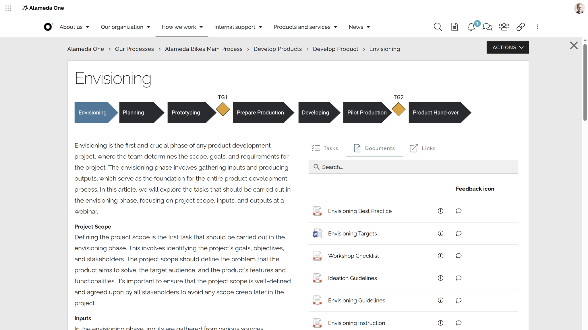 Intranet website example showing best practice process design linked to tasks, documents, and forms.