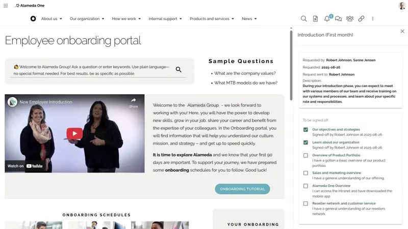 Intranet website feature example with structured onboarding schedules and employee engagement tools.