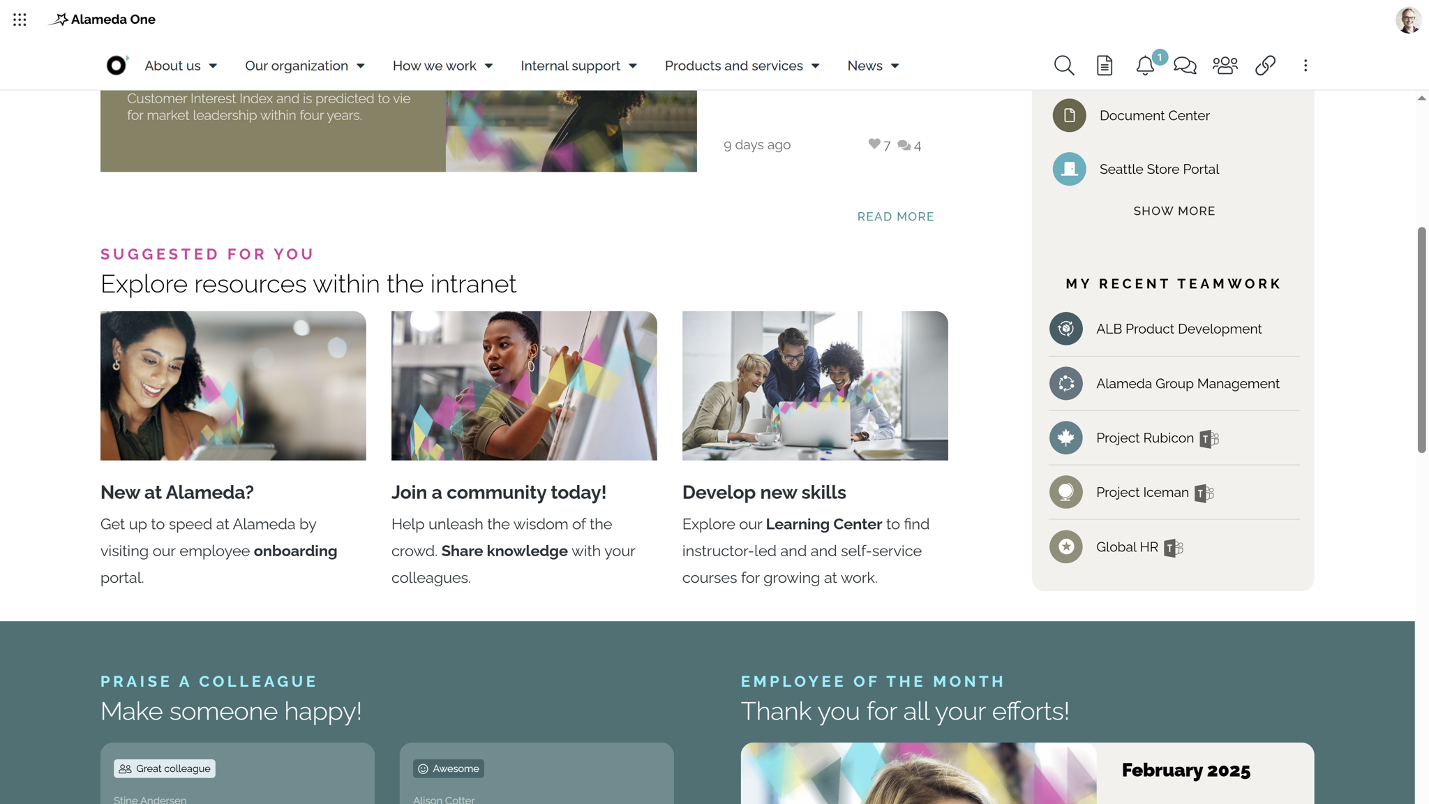 Personalized intranet dashboard with AI-powered recommendations designed to improve the employee experience and maximize intranet value.