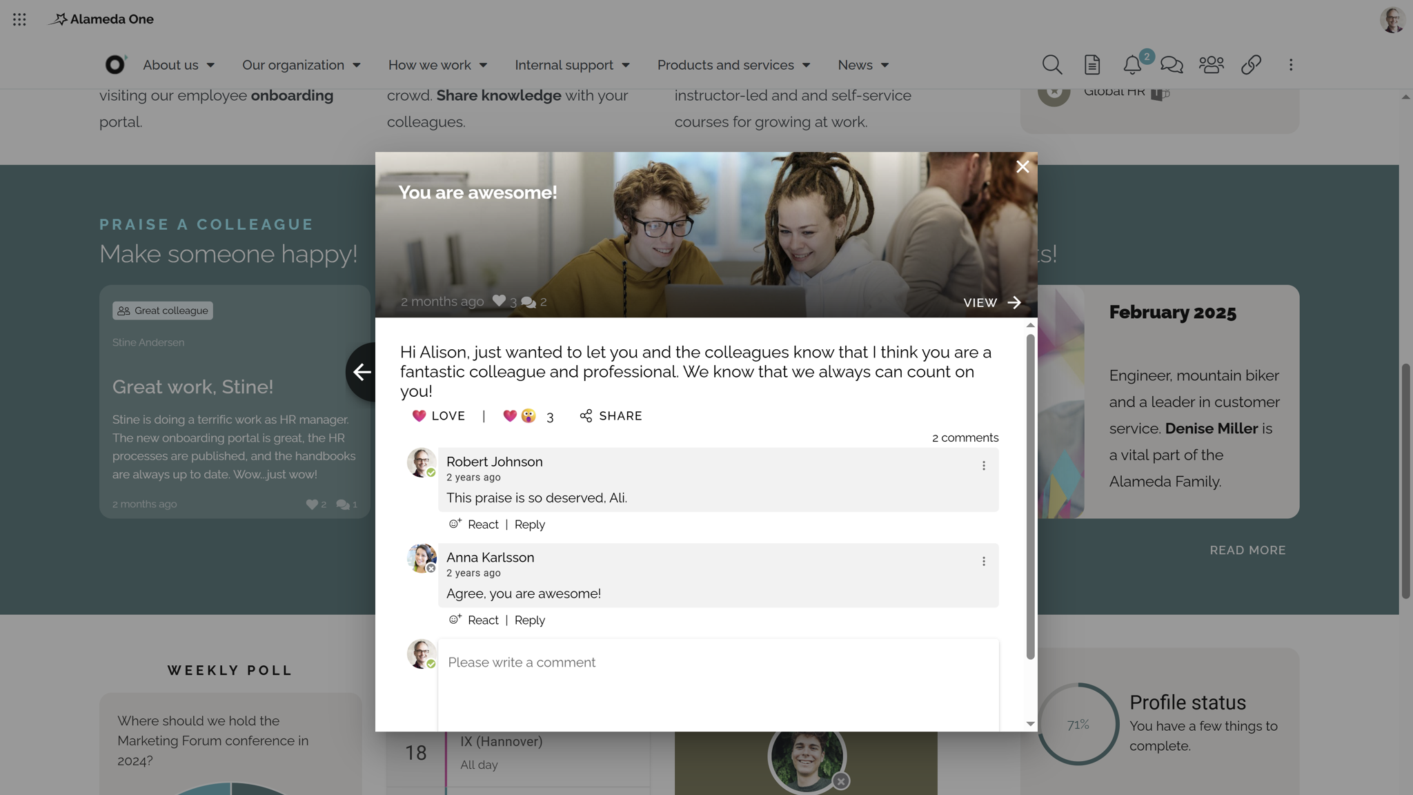  SharePoint Intranet Example: Employee recognition feed showcasing praise posts and team achievements.