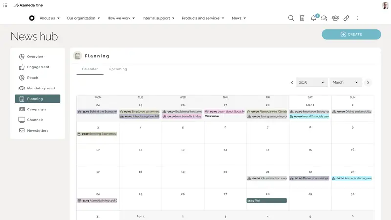 Internal communication intranet featuring a communication calendar used to manage cadence and content scheduling.