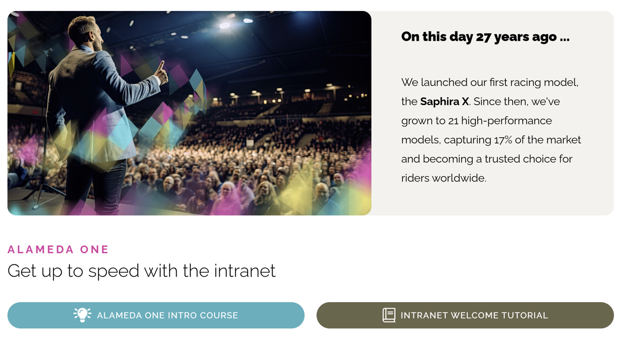 Intranet Homepage Example: Intranet homepage features for employee recognition, including milestones, praise, and new team member highlights.