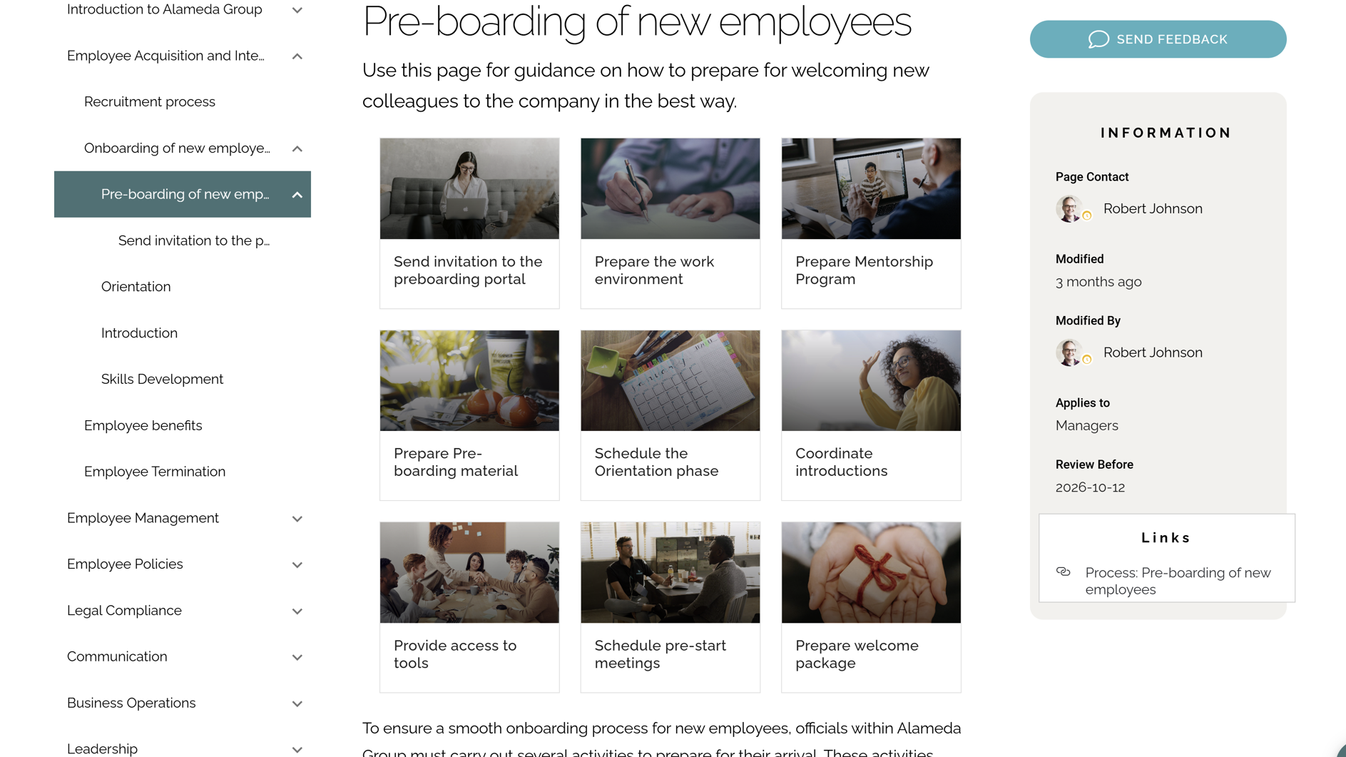 Manager handbook intranet page with leadership frameworks, guidance, and decision-support tools