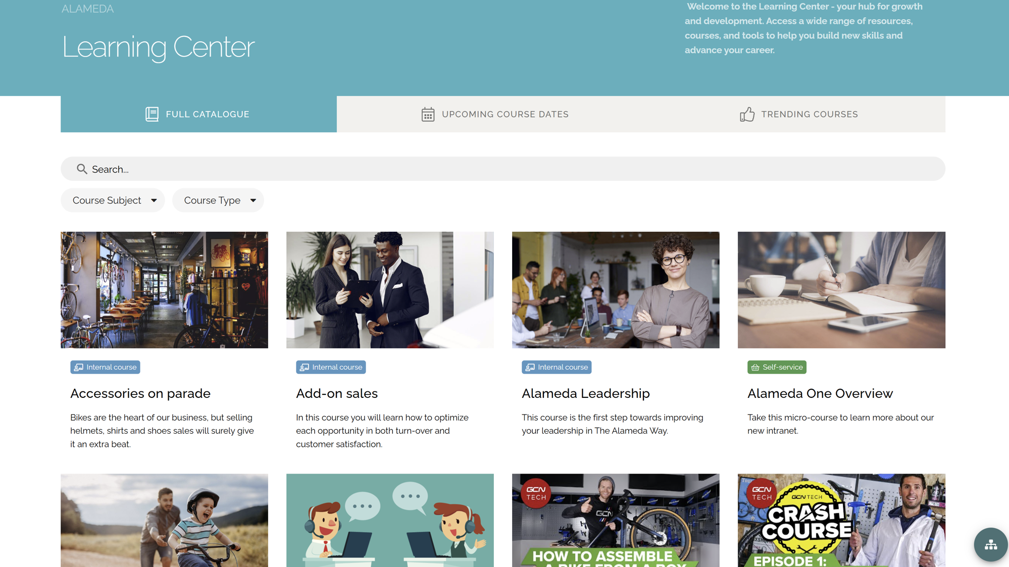 Learning center in a Microsoft 365 intranet with categorized courses and training modules. Learning center in a Microsoft 365 intranet with categorized courses and training modules.