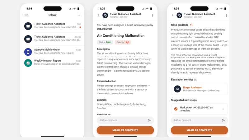 Mobile screens showing an AI ticket assistant delivering case guidance and an escalation contact in a frontline intranet app