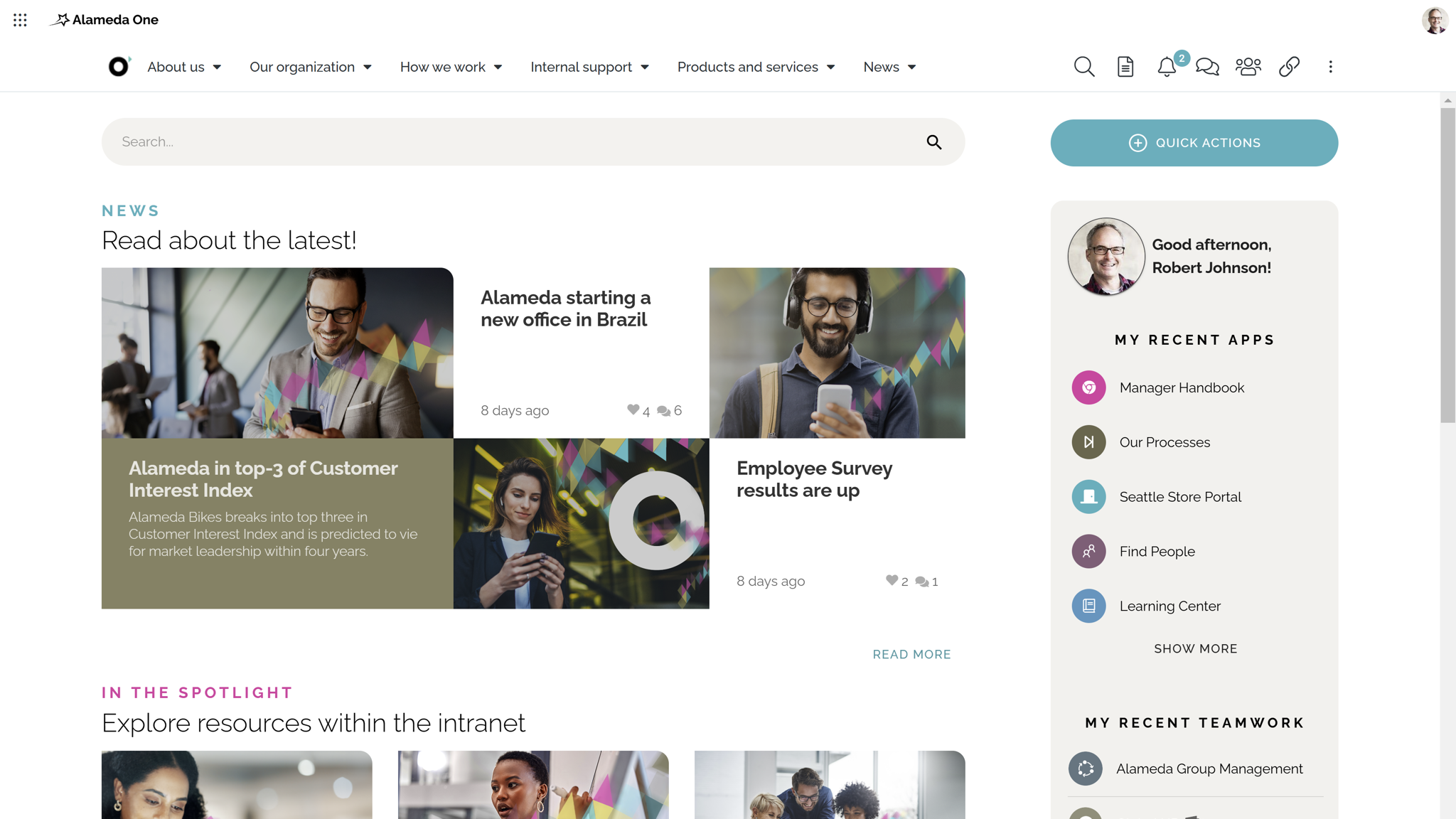 Modern intranet features example: personalized start page with role-based content, navigation, and user-specific tools.