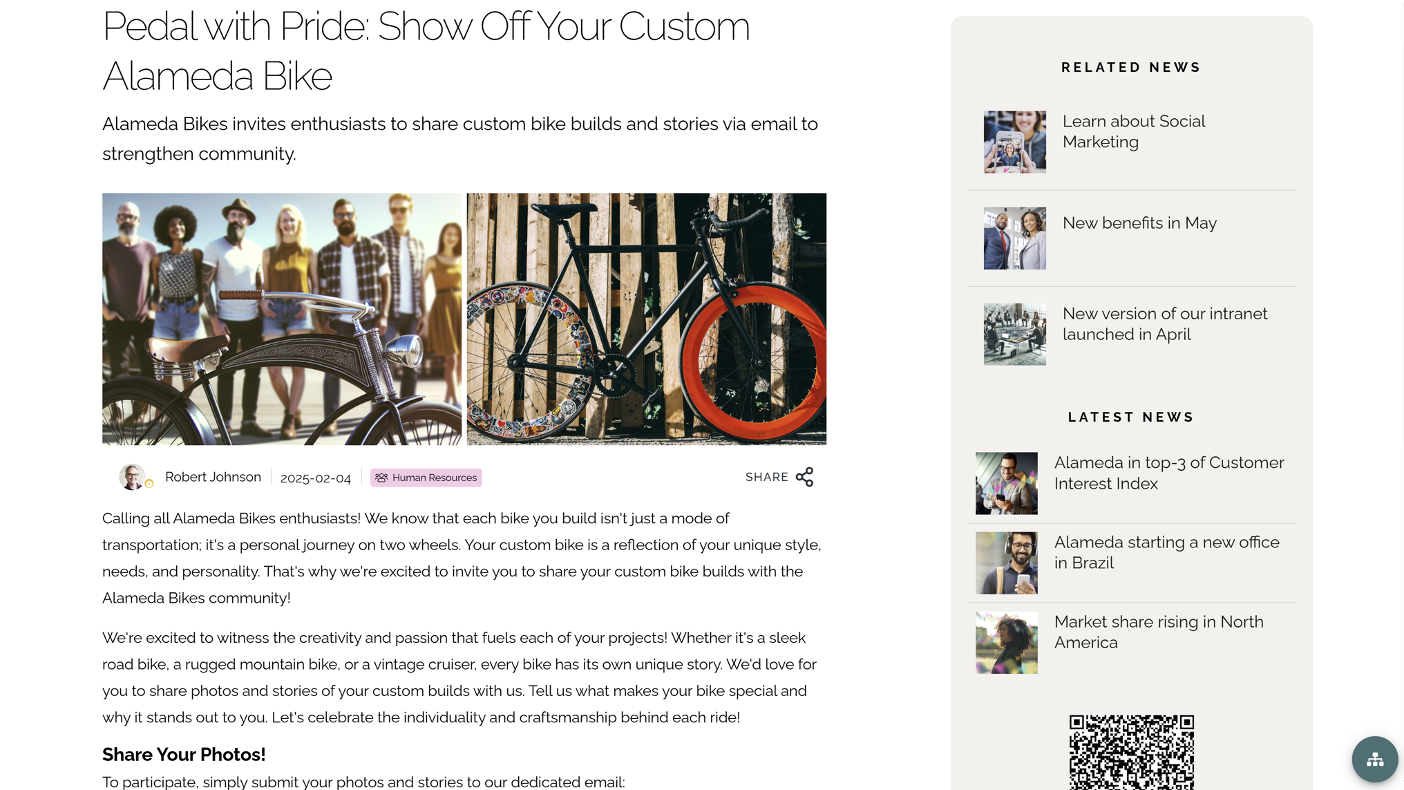 HR Intranet showing a storytelling news article