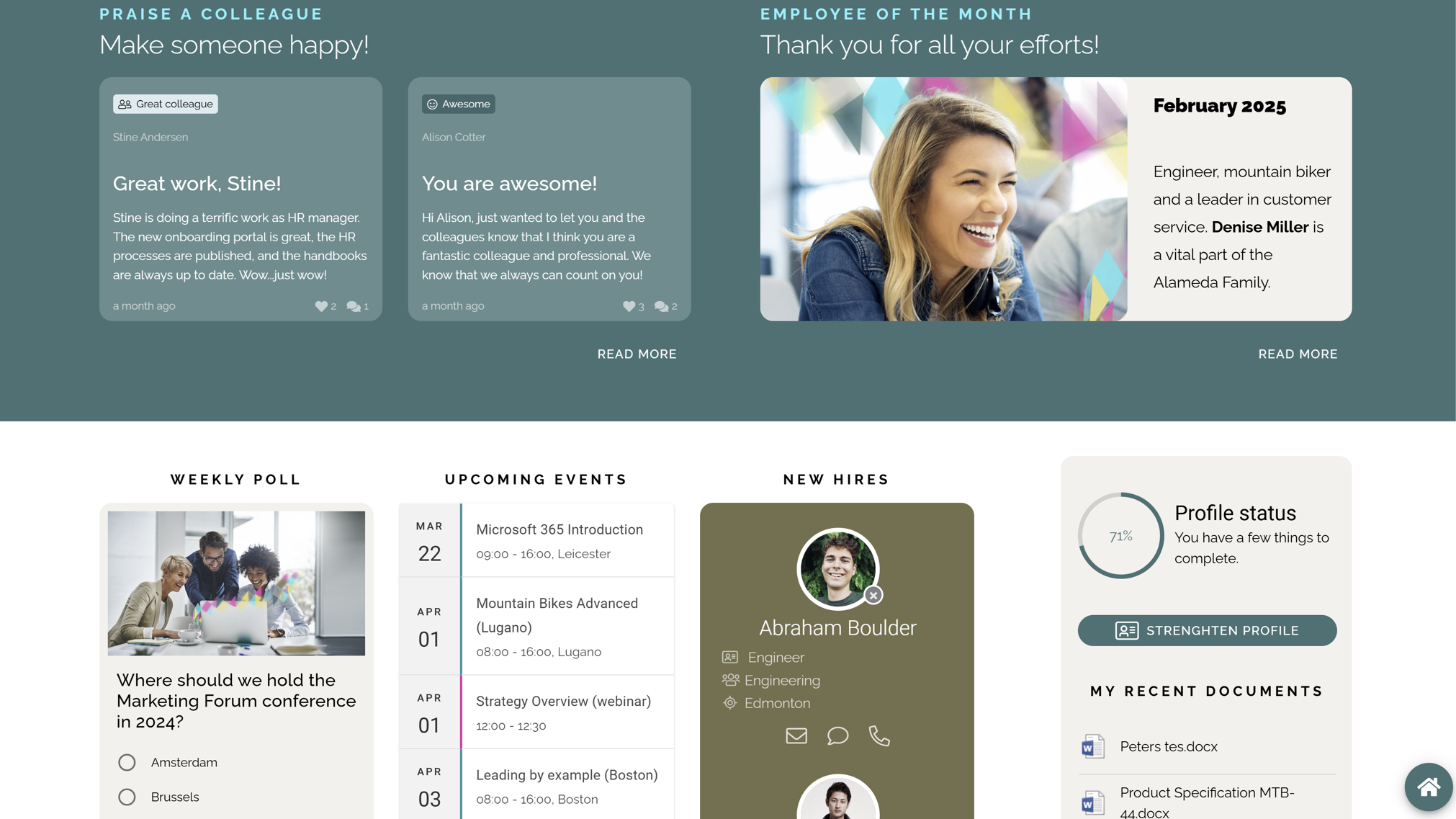 Intranet content ideas example showing an employee of the month feature on the start page.