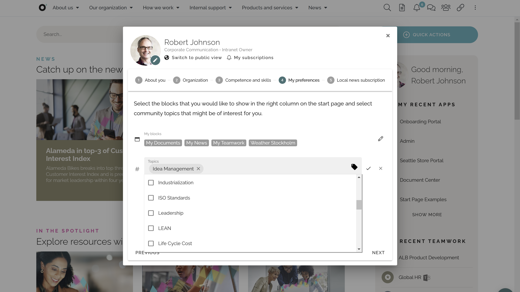 Intranet UX Example: Personalized start page with role-based content blocks and targeted news feeds.