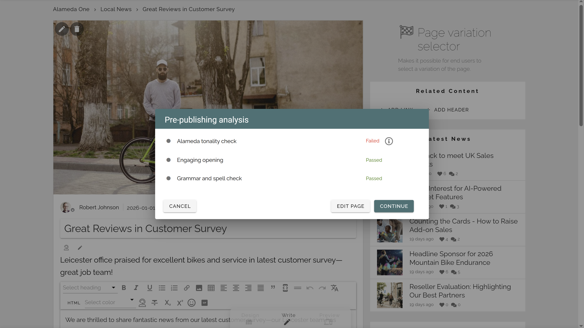 AI-driven content analysis in an intranet platform checking text quality, tone, and governance rules