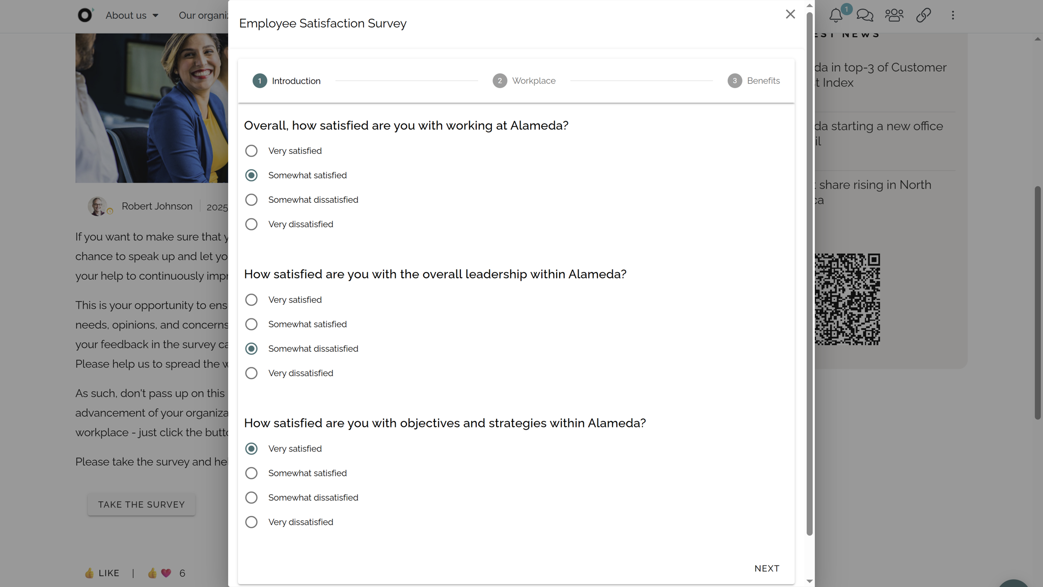 Employee engagement platform survey interface showing employee feedback and satisfaction tracking.