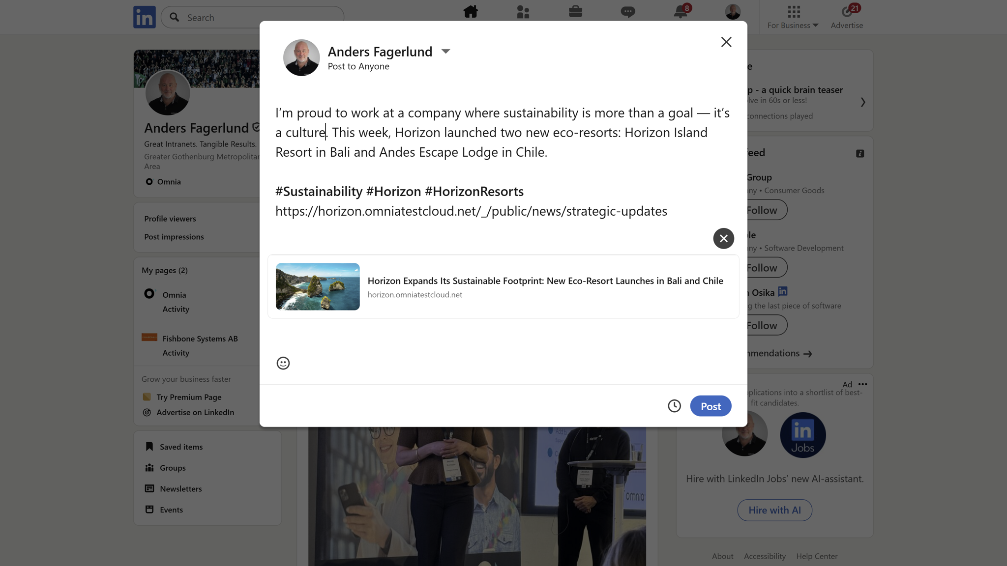 Leadership communication intranet enabling employee dialogue and sharing strategy stories to external channels like LinkedIn