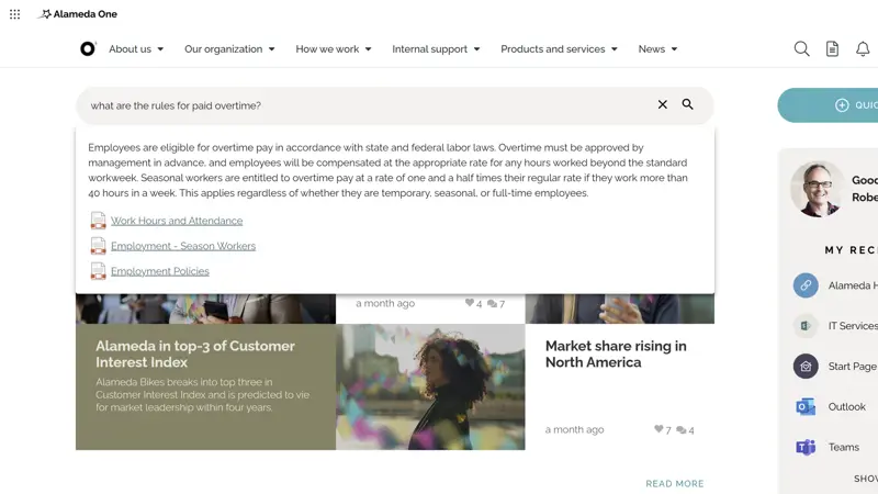 Intranet Design Example: Intranet start page featuring AI-driven semantic search for faster, smarter information retrieval.