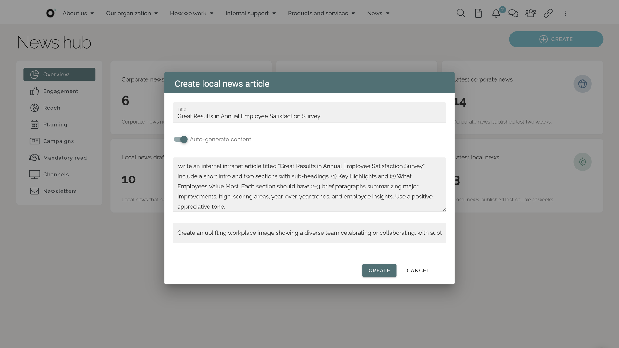 AI Intranet Content Management: Create a first draft of text and image of a new article using prompts designed for the purpose.