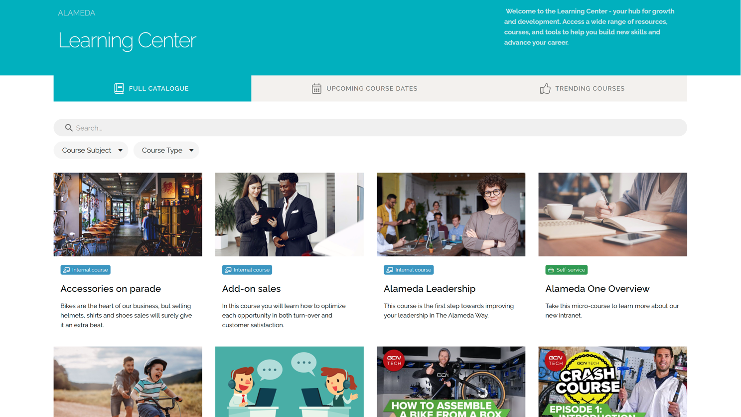 SharePoint Intranet Example: Intranet learning center displaying courses and categorized training materials.