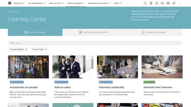 Tab-based learning center displayed as one of the intranet navigation examples, enabling users to browse courses, calendars, and trending content.