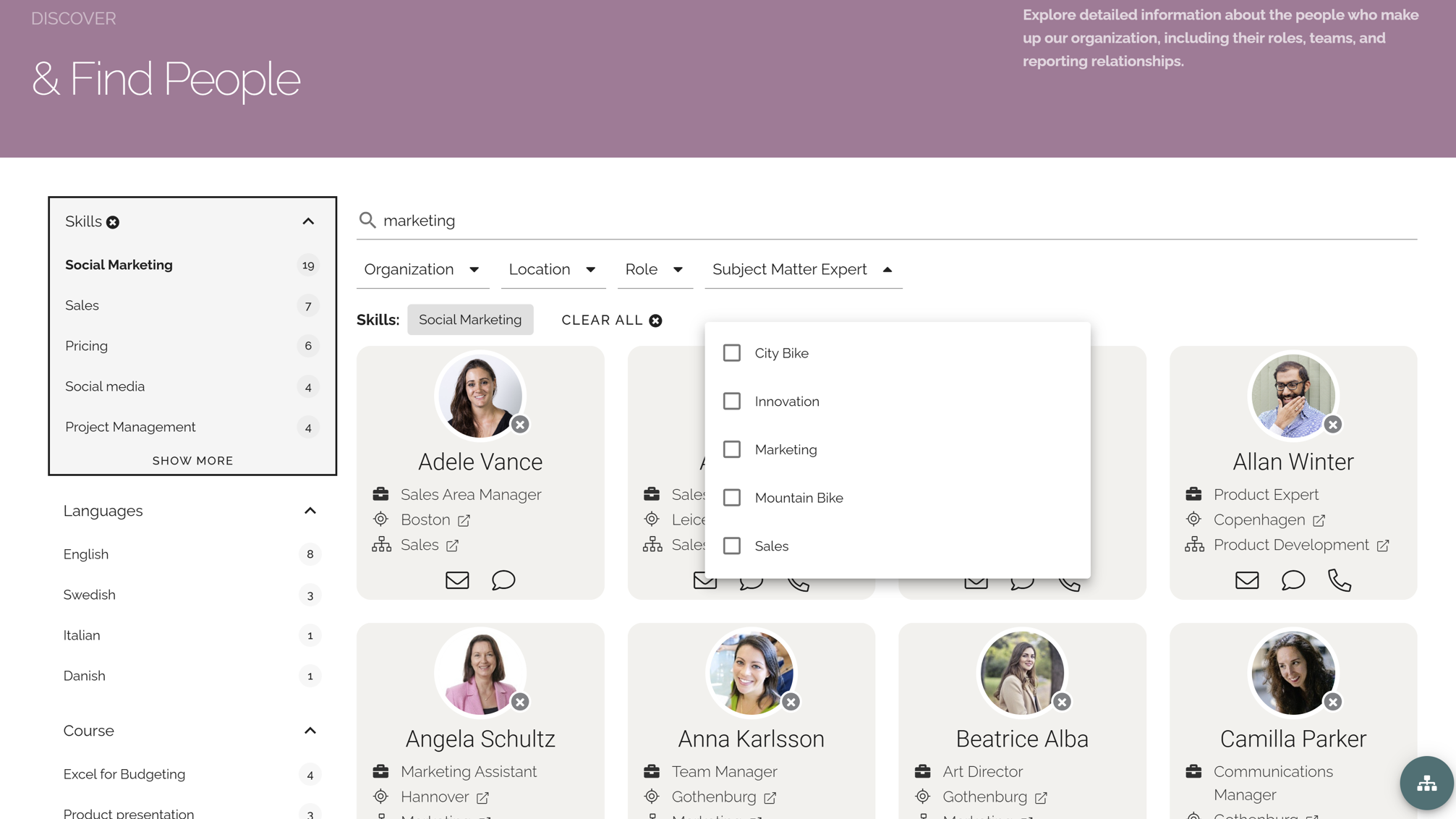 Intranet people search with filters for skills, roles, languages, and contact options.
