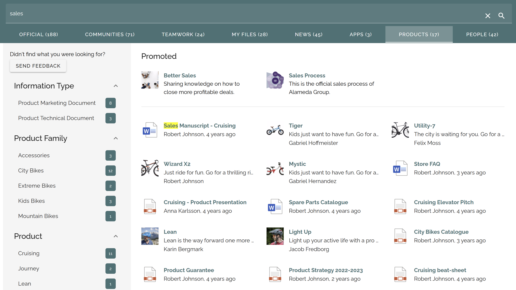 Search results page including promoted search results and option to provide search feedback.