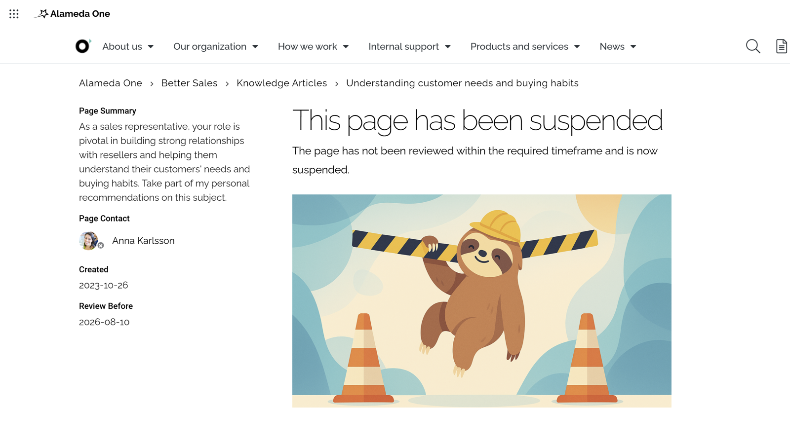 Intranet search and navigation example showing content governance with pages suspended after review date to improve intranet findability