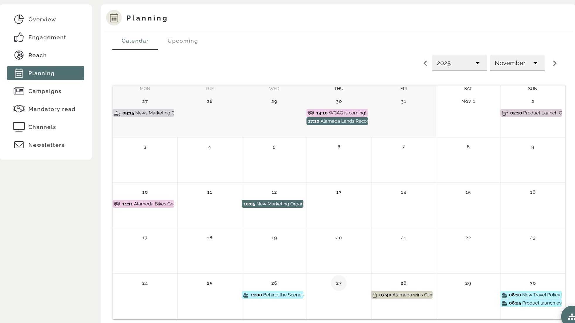 Editorial planning calendar in an intranet platform used by internal communications teams to schedule news