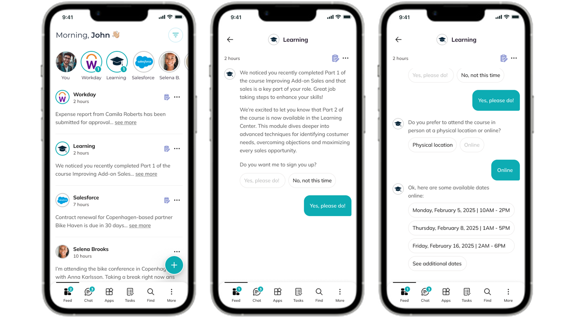 Mobile intranet app with AI assistant notification guiding a user through tasks to enhance employee experience.