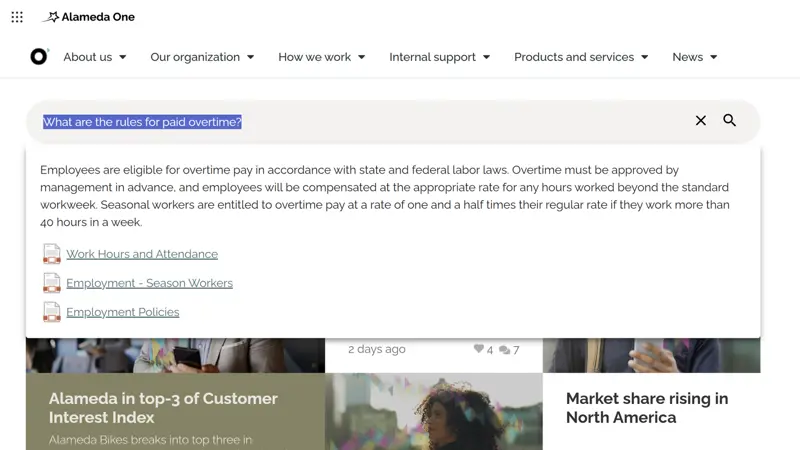 Intranet homepage featuring semantic AI search bar and dynamic search suggestions designed to improve intranet search accuracy and usability.