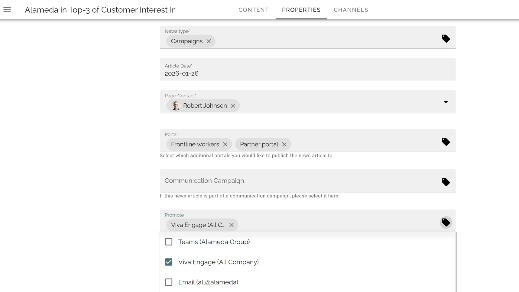 Multi-channel internal communications publishing from an intranet to Teams, email, and social channels