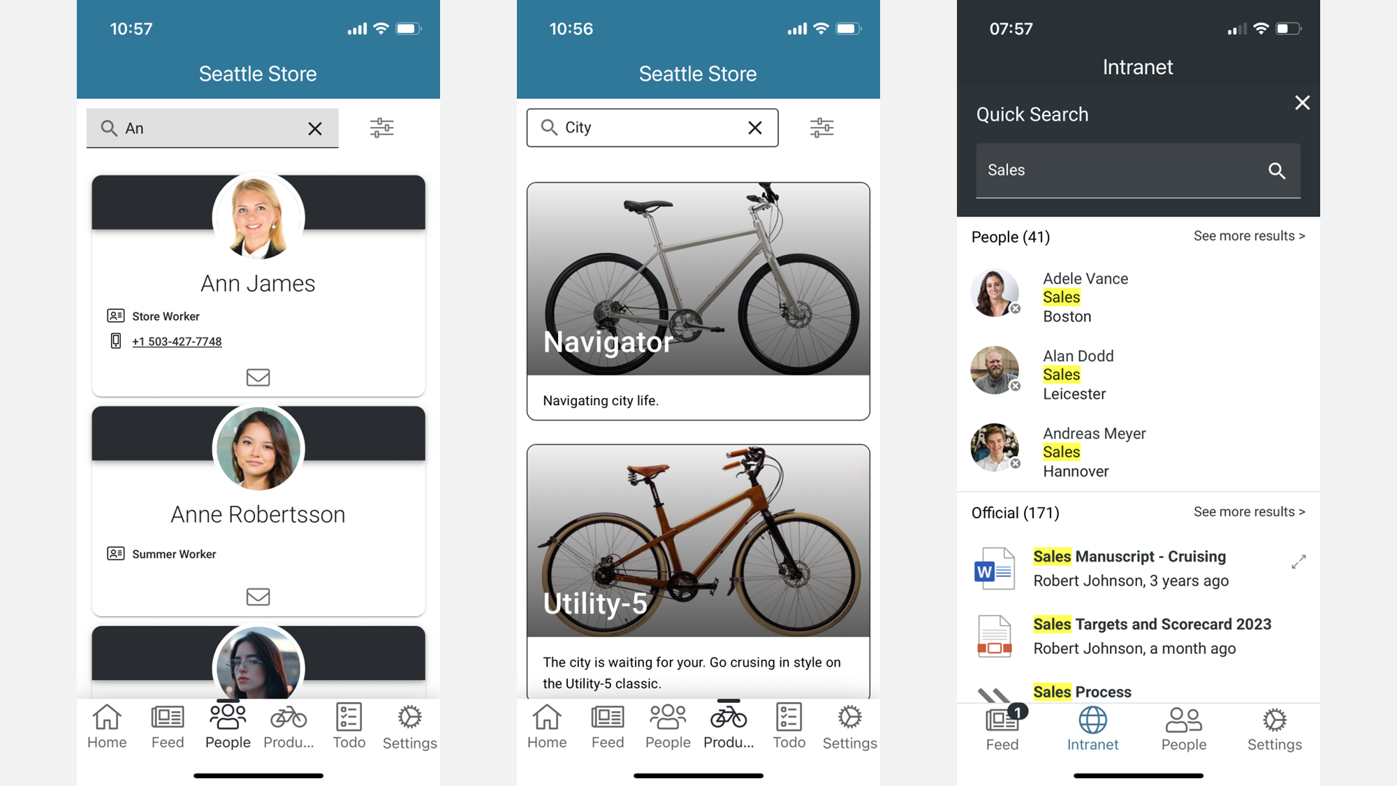 Mobile intranet example: Search experience in mobile app, including scoped people search and product search.