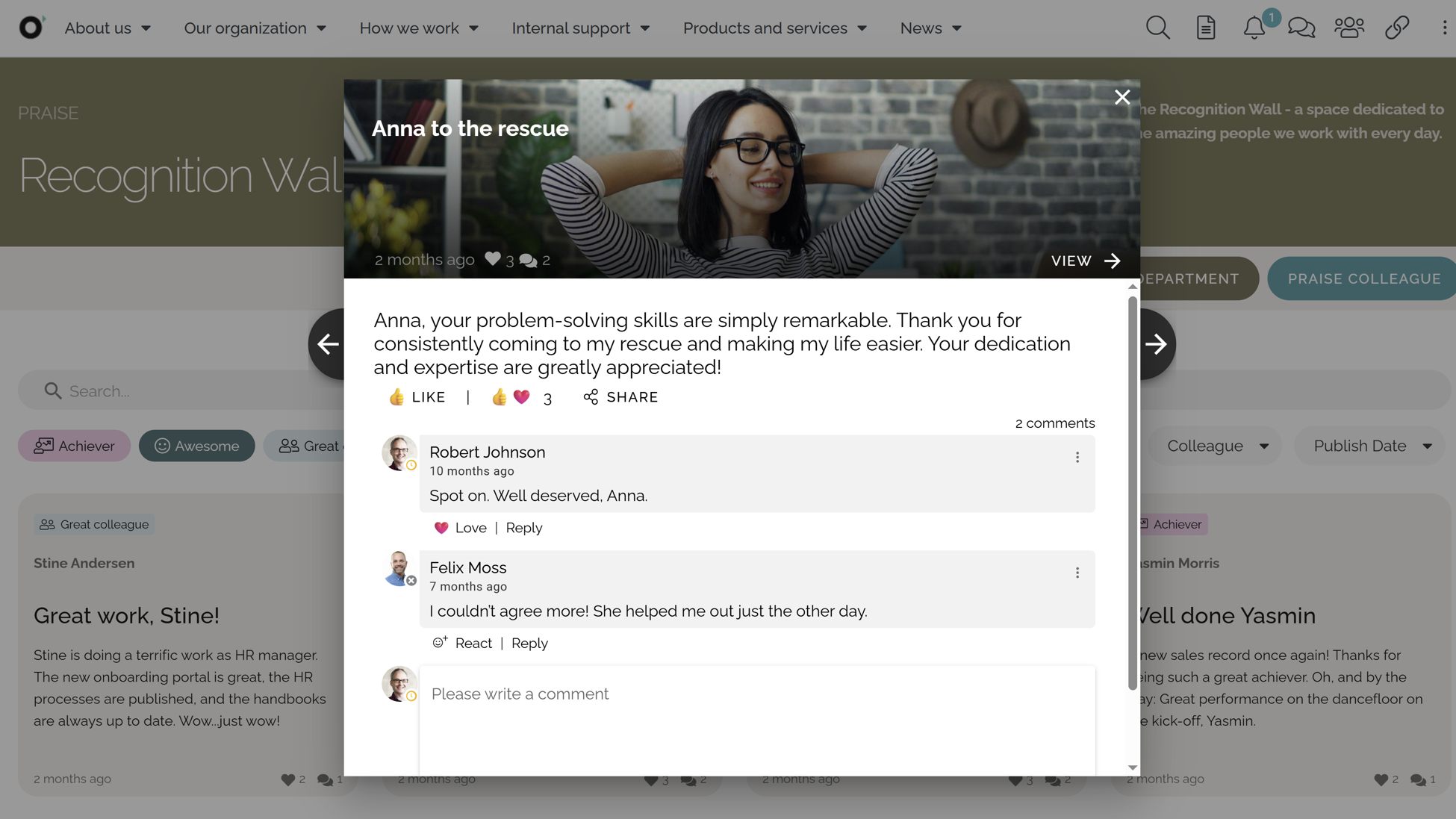 Employee engagement platform showcasing peer-to-peer recognition and appreciation ideas.