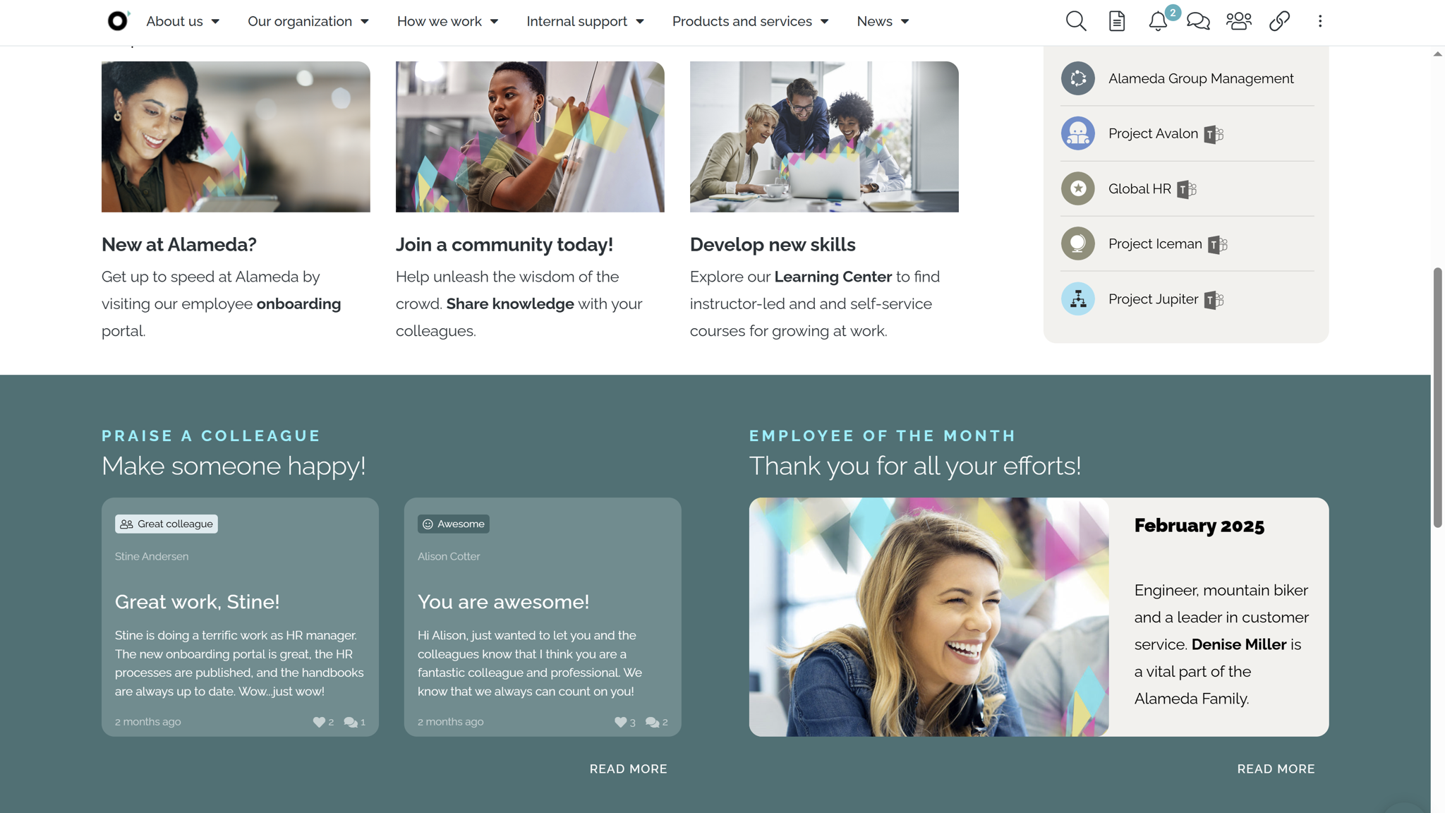 Personalized employee intranet homepage customized by role, location, and interests.