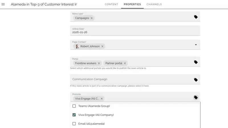 Multi-channel internal communications publishing from an intranet to Teams, email, and social channels