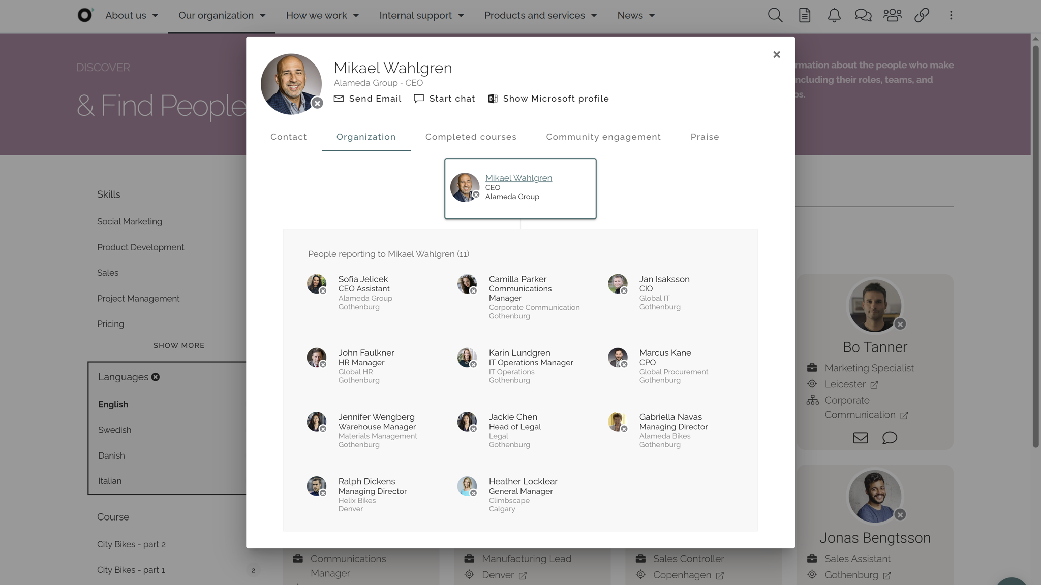 Leadership development intranet showing competence-based people search highlighting leadership skills and experience