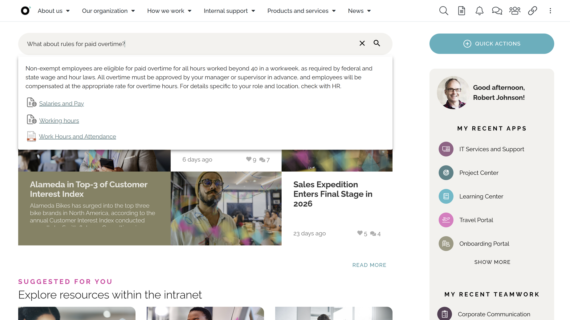 AI-powered semantic search in an intranet platform supporting information finding and digital workplace workflows.