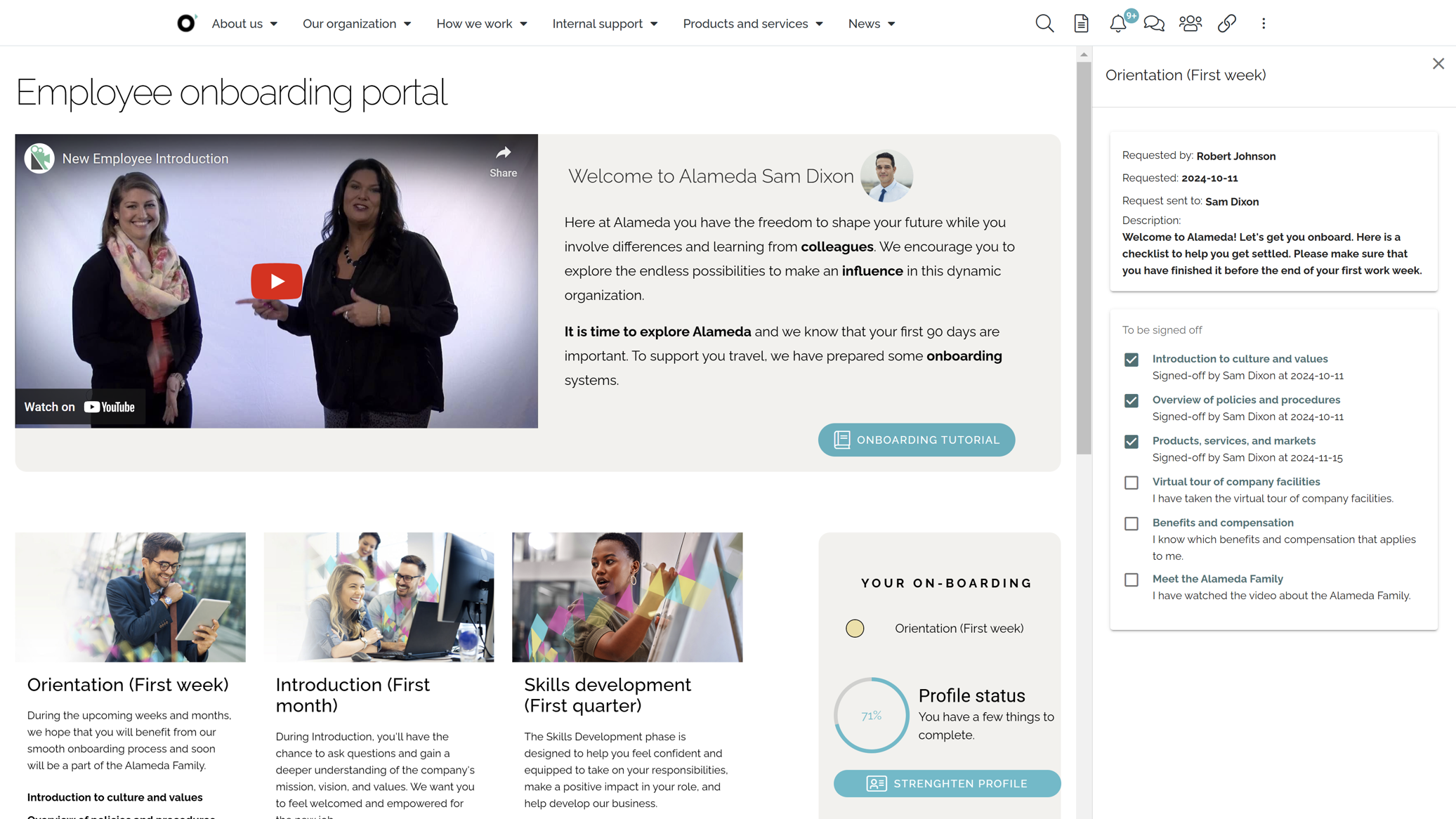Intranet onboarding portal showing a week-by-week schedule for new employees with tasks, documents, and training modules.