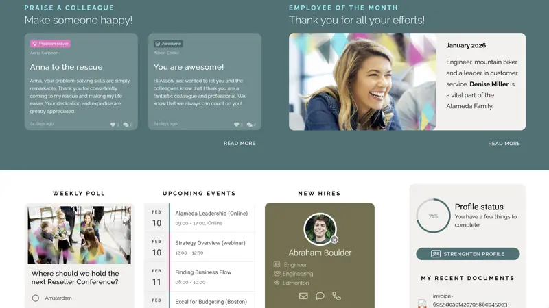 Intranet homepage showcasing employee recognition, new hires, and peer-to-peer praise to support engagement and culture.