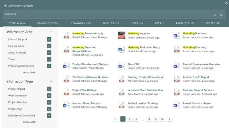 Intranet search interface showing multiple categories and refiners to filter search results effectively.