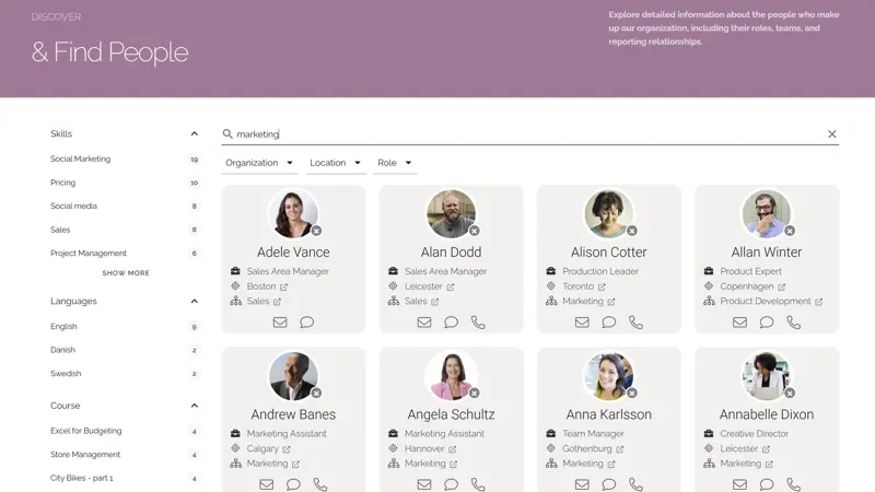 Intranet benefits for productivity demonstrated through advanced intranet search that helps employees quickly find colleagues and information.