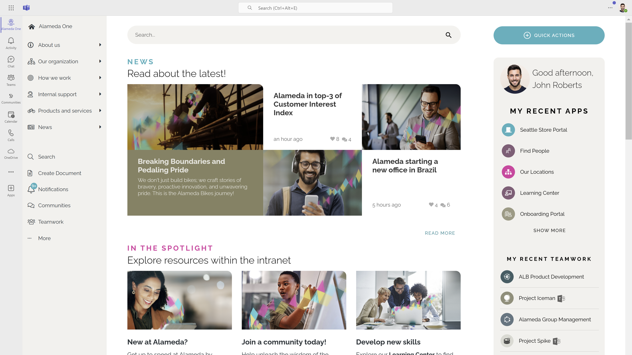 Company Intranet Example: Microsoft Teams interface with embedded company intranet, featuring dashboards, documents, and updates.