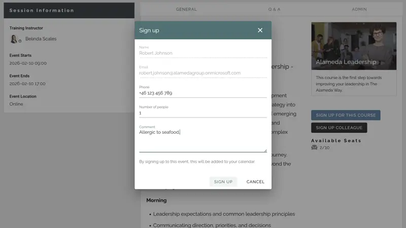 Employee service delivered through the intranet with event registration and integration to Outlook and Microsoft Teams.