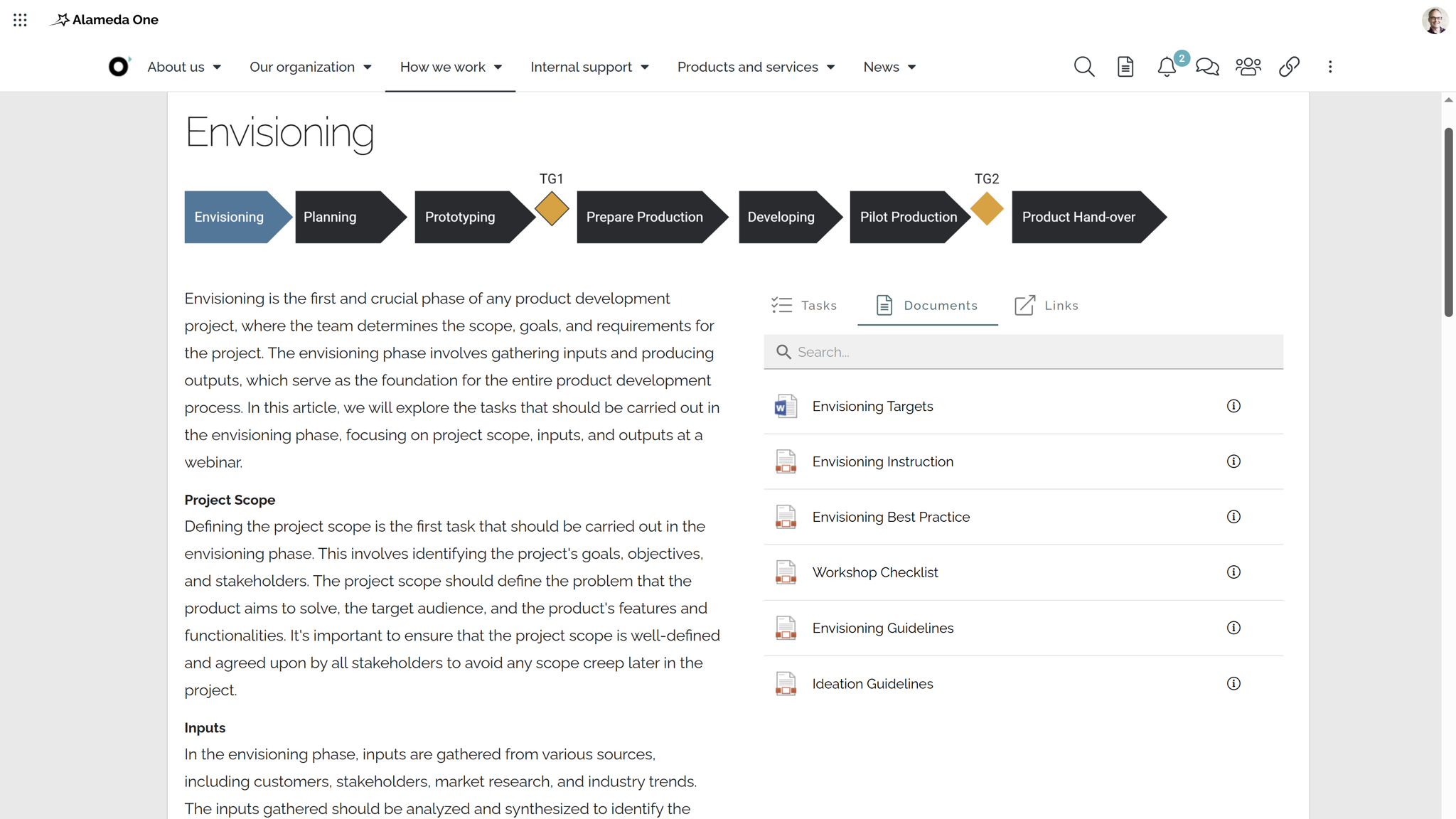 SharePoint intranet example: Visual process map with workflows, tasks, and related resources.