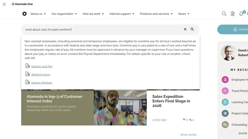 Intranet search and navigation example with AI-powered semantic search delivering direct answers to improve intranet findability