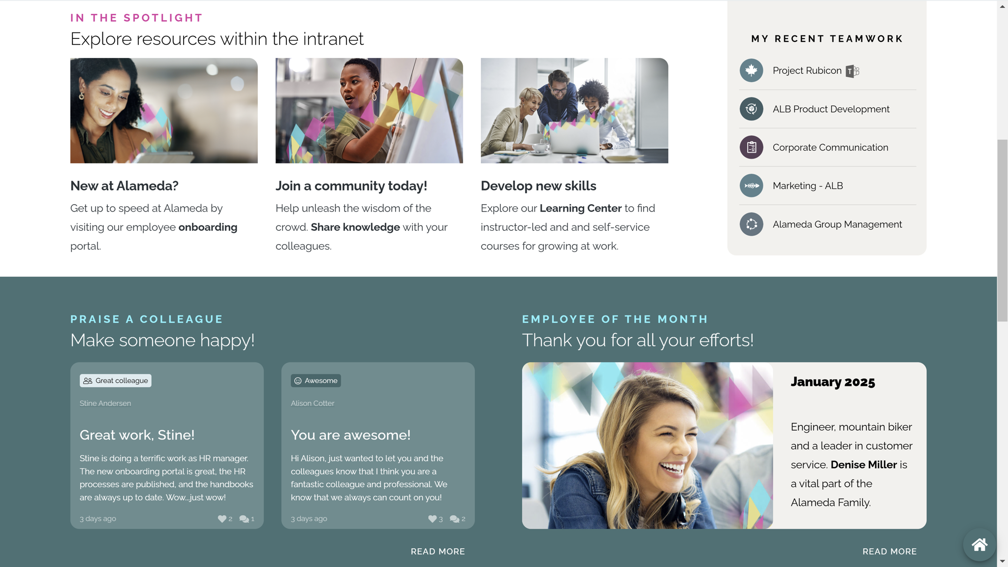 Intranet homepage example with a card-based mega menu supporting intuitive navigation and user-friendly design.