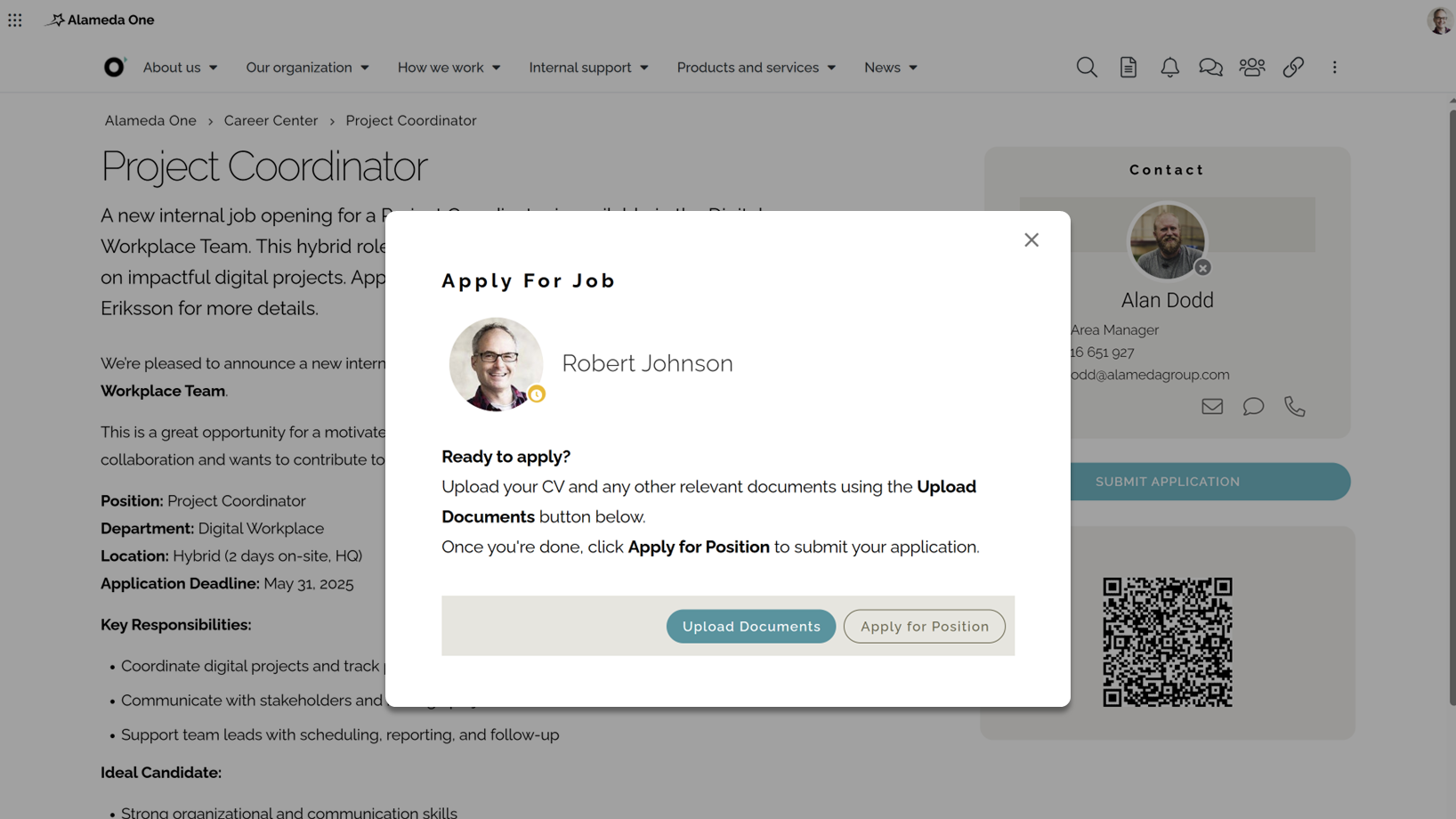Intranet job application form where employees can submit resumes and apply for internal job openings.
