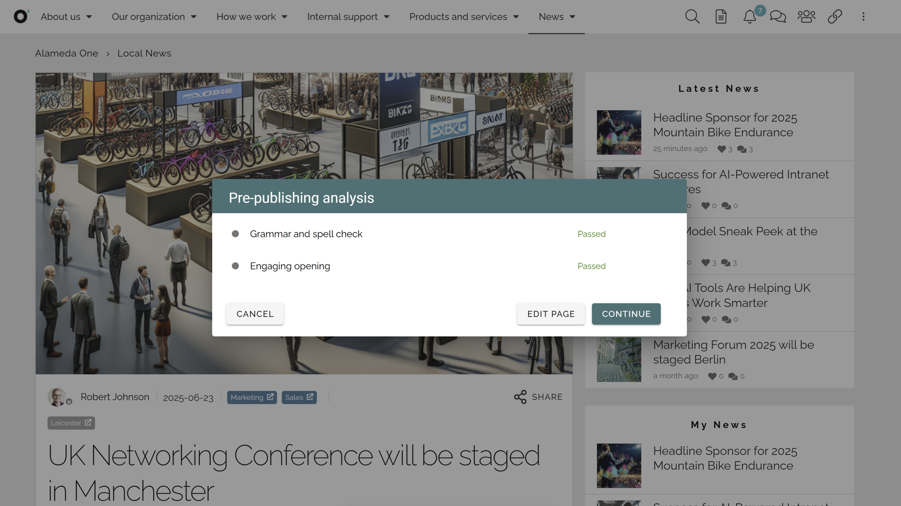 AI features in intranet performing automated quality checks for spelling, tone, metadata, and compliance.