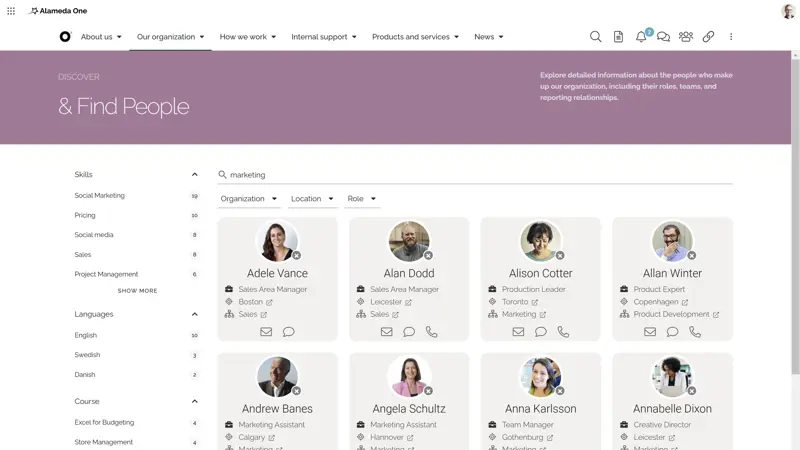 Modern intranet features example: people search tool with custom filters and refiners to locate colleagues and expertise.