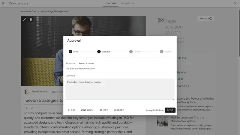 Intranet dashboard for monitoring knowledge content reviews and ownership
