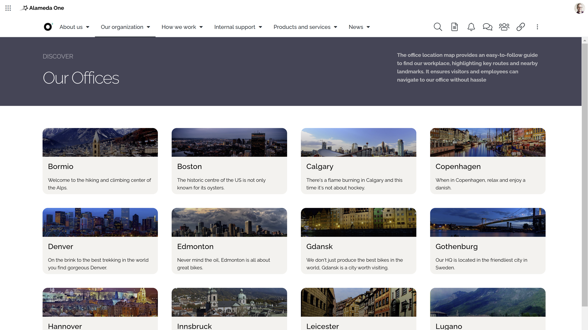 Landing page navigation shown as an intranet navigation example, providing structured access to office locations across the organization.