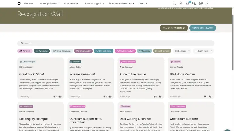HR intranet platform showcasing peer praise and public appreciation