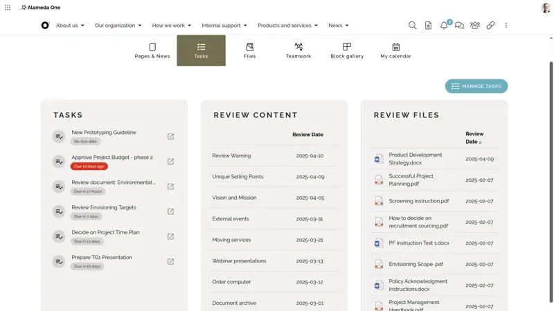 SharePoint intranet example: Customized intranet dashboard showing tasks, news, and content suggestions.