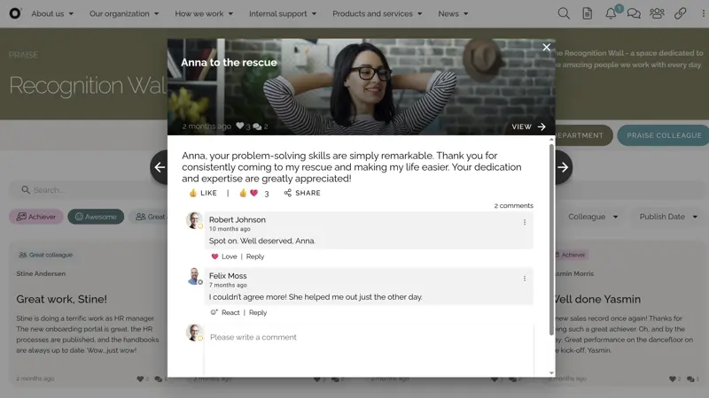 Employee engagement platform showcasing peer-to-peer recognition and appreciation ideas.